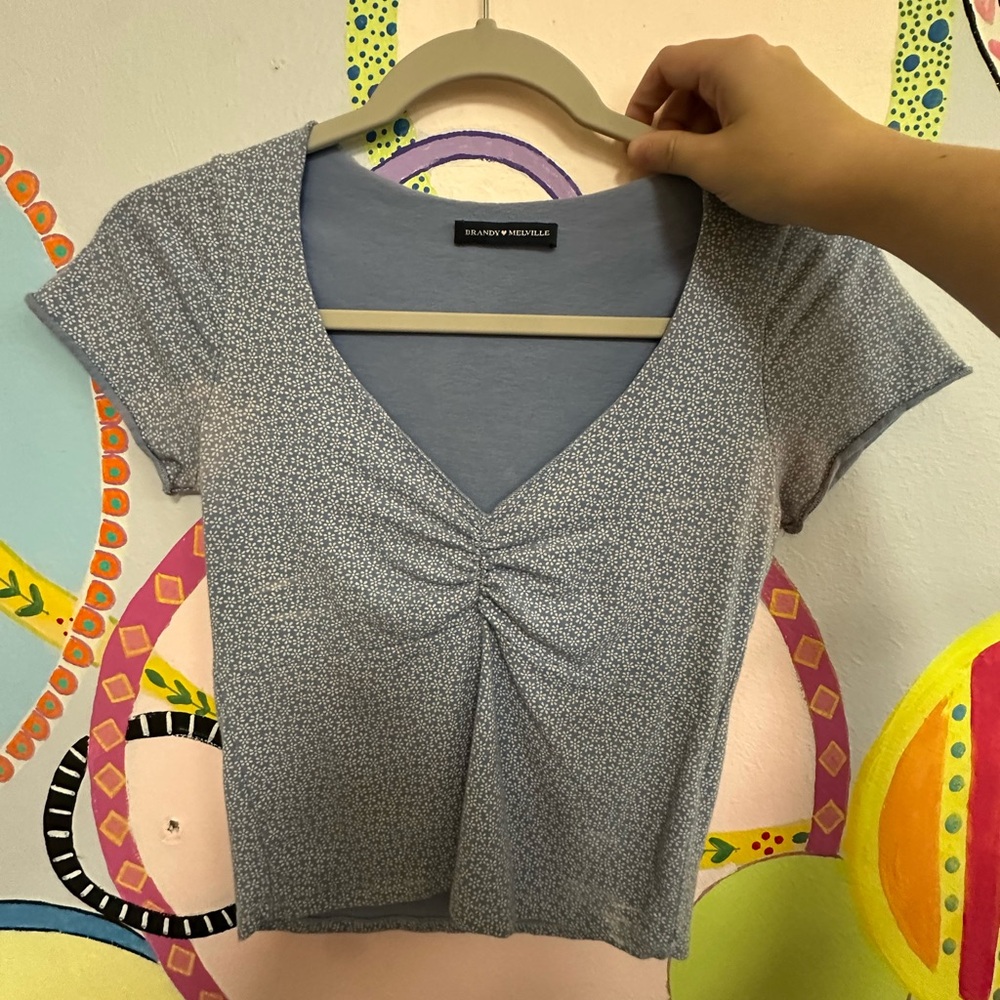 Brandy Melville Blue Patterned V-Neck Crop Top